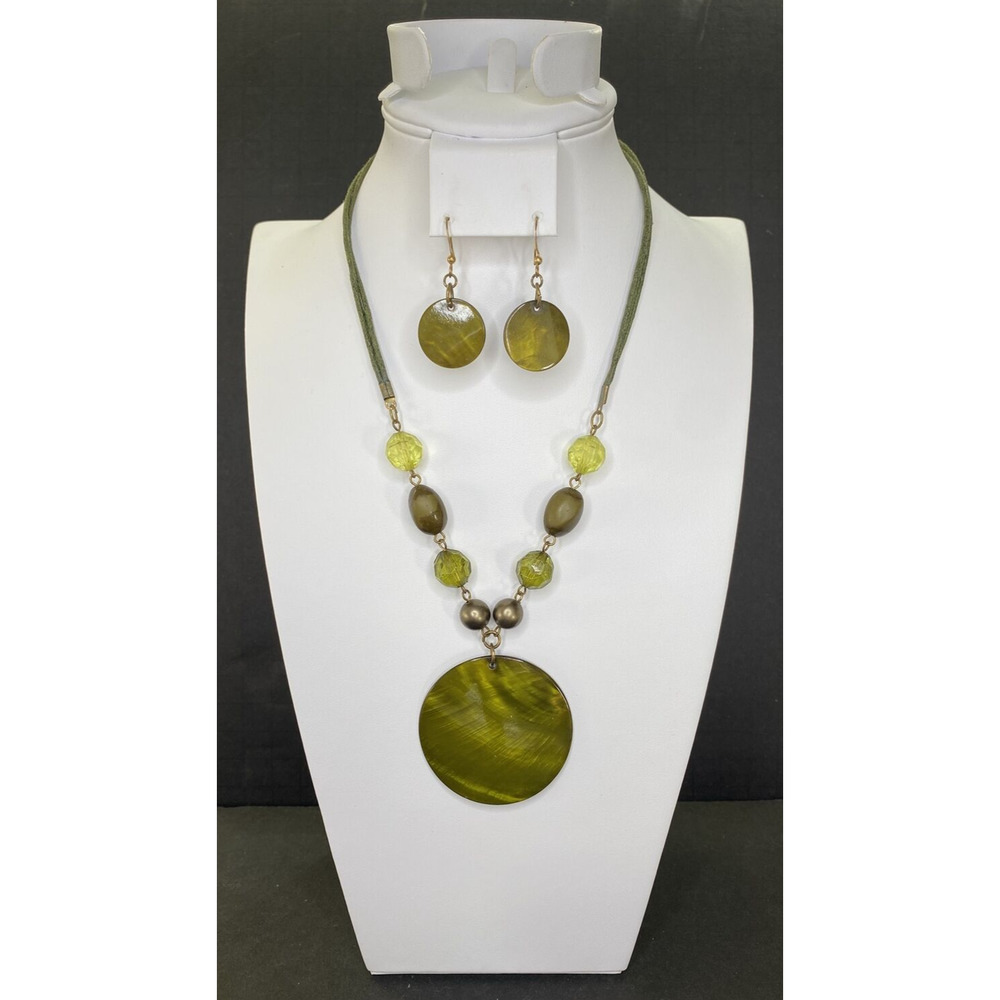 Premier Designs Jewelry Green & Brown Beaded Necklace & Earrings SKU PD45